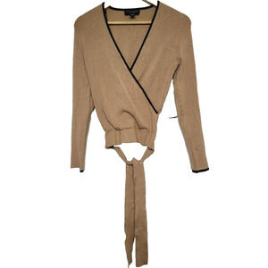 Laundry by Shelli Segal Ribbed Faux Wrap Surplice Top XS/Extra Small Camel NWT